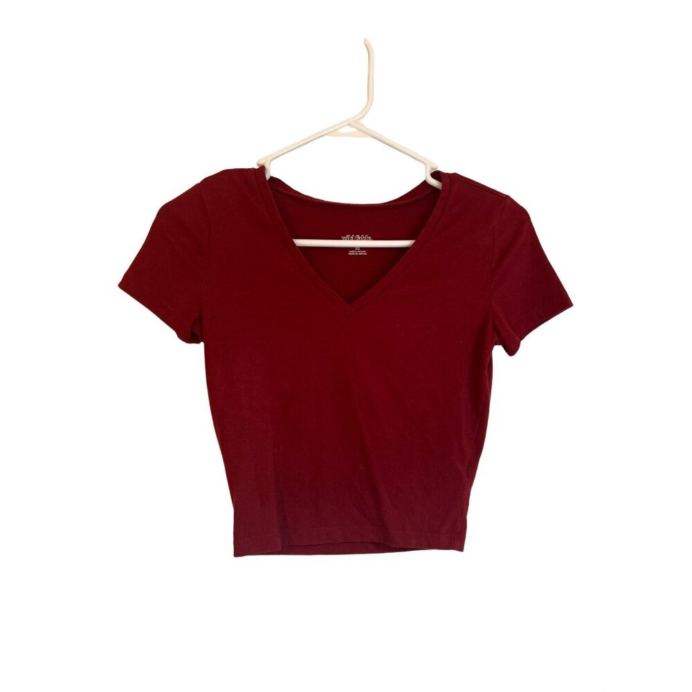 Wild Fable Womens XS Deep Red V-Neck Short Sleeve Cropped Top Cotton Blend
